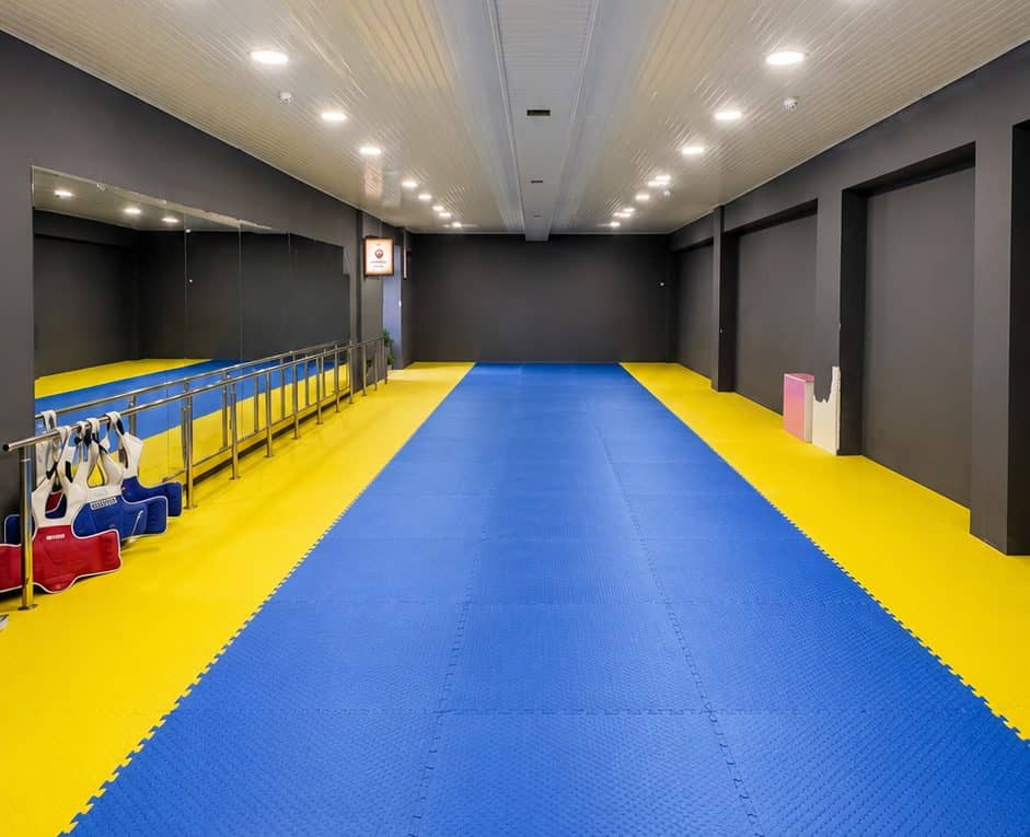 Yopiq sport zali — ko'k va sariq gilamli maydon