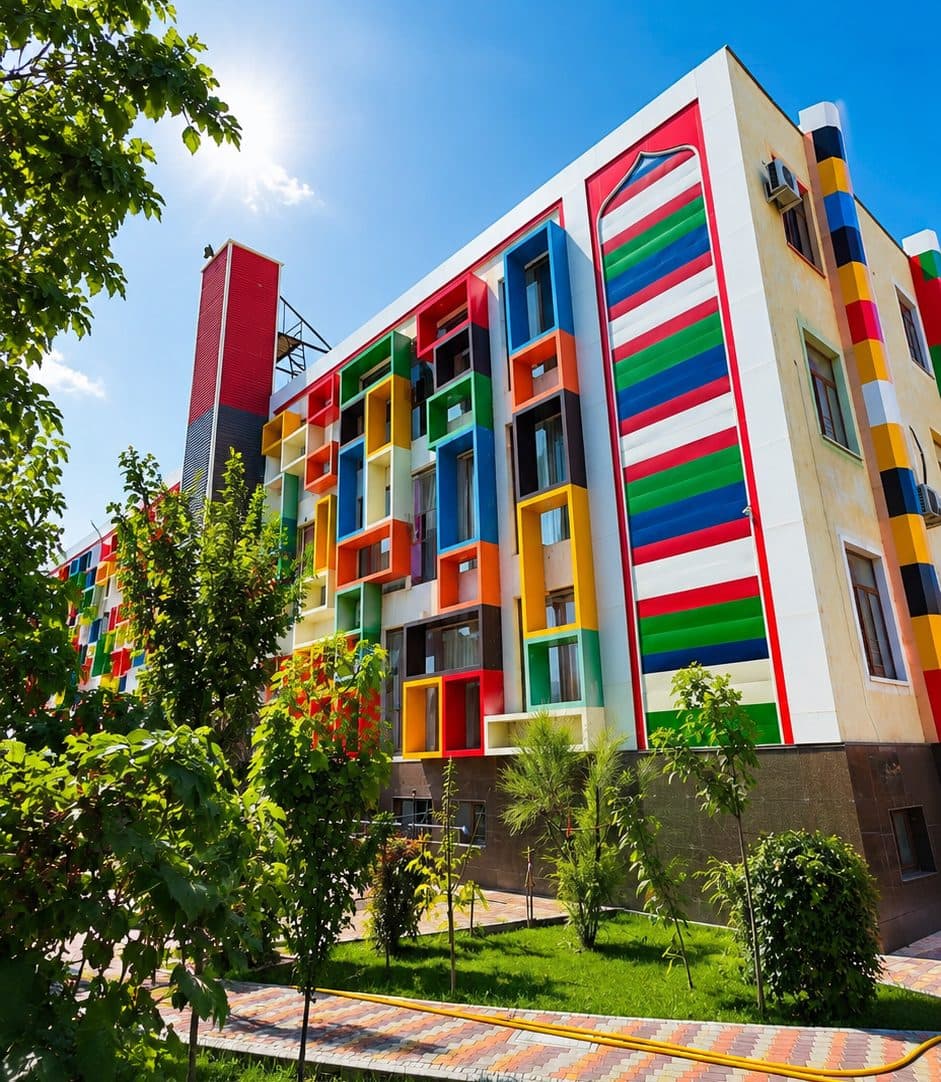 Qodirov School binosi — rangli fasad va yashil hovli
