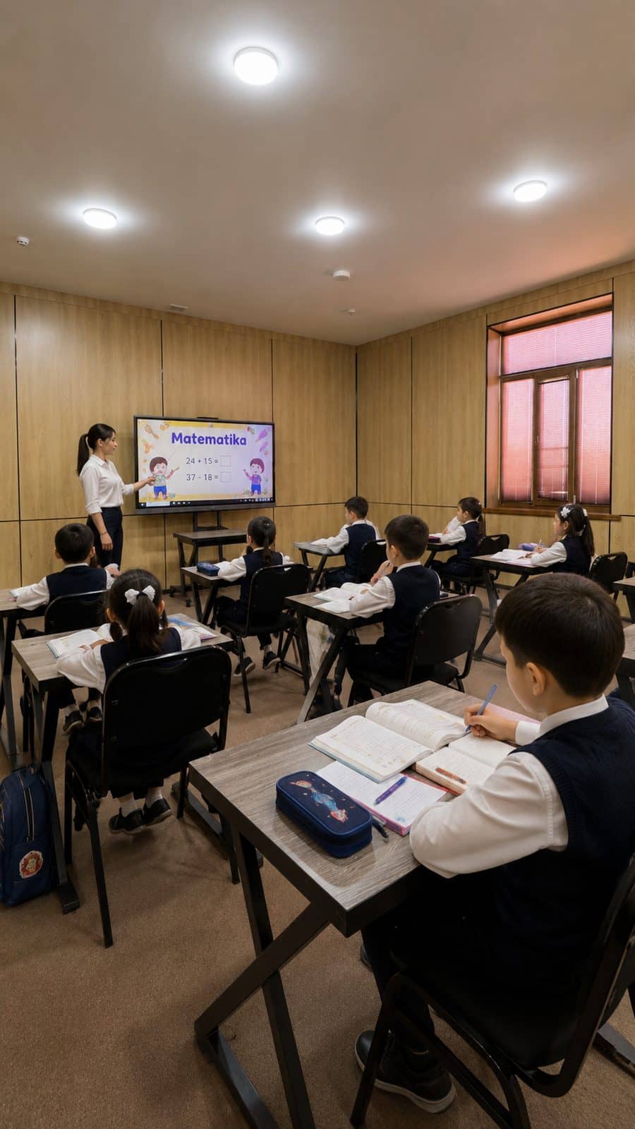 Matematika darsi — o'qituvchi interaktiv doskada mavzuni tushuntirmoqda